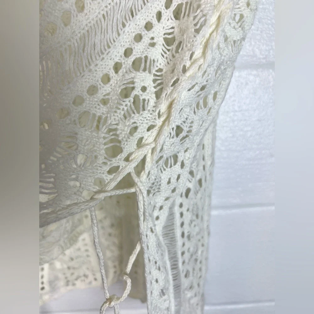 Crochet cotton cover up Ivory, one size lace up sides tassels‎ boho
